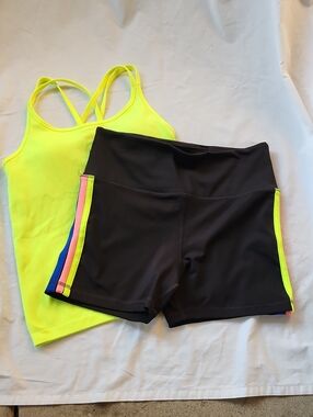 Love & Sports Neon Yellow Strappy Tank & Black Active Shorts Set